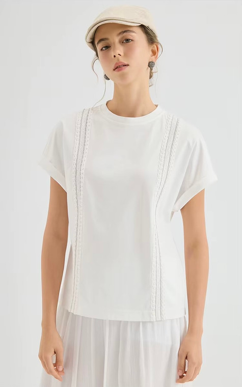 Women’s woman womens petite-, tall-, plus-, size Light Luxury High-Quality 100% pleats short sleeves crochet trim crewneck round O-neck crew neck pleated blouse tops blouses in white color