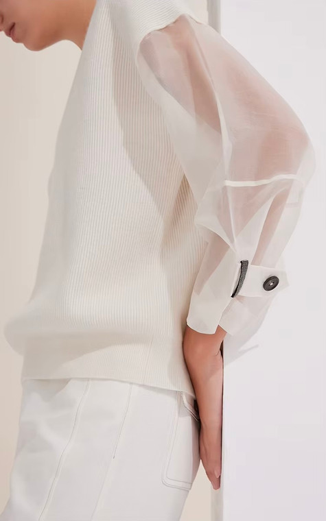 Women’s woman womens petite-, tall-, plus-, size Light Luxury High-Quality long semi-transparent see-through sleeves with adjustable latch button band cuffs v-neck rib-pleated ribbed sweater tops sweaters in white color