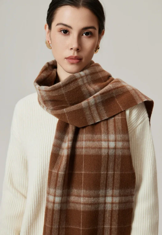 Women’s woman womens Men’s man mens Unisex Genflex Gender Neutral Genderfluid Plaid Wool Tassel Scarf Checkered scarves in multi brown color
