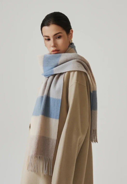 Women’s woman womens Men’s man mens Unisex Genflex Gender Neutral Genderfluid Plaid Wool Tassel Scarf Checkered scarves in multi blue pink color