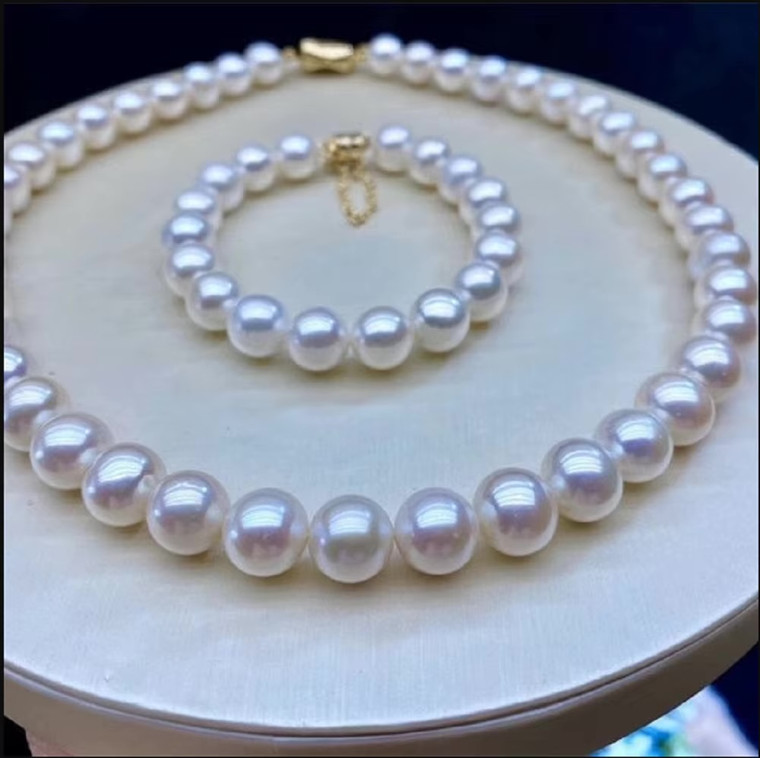 Japanese fresh water akoya white Pearl 10-11mm round Necklace & Bracelet Set 16-36 inch 925s with gold plate clasp