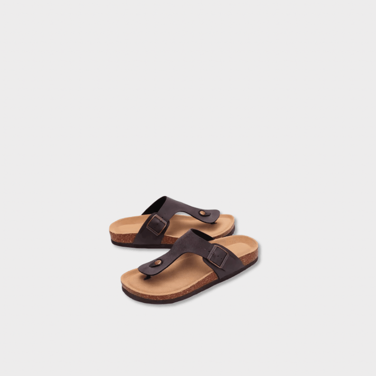 Women’s woman womens petite-, tall-, plus-, size Casual Open Toe Beach Slippers With Adjustable Buckle strap Flats Leather Cork Footbed Flip Flops Cork Sandals in dark brown