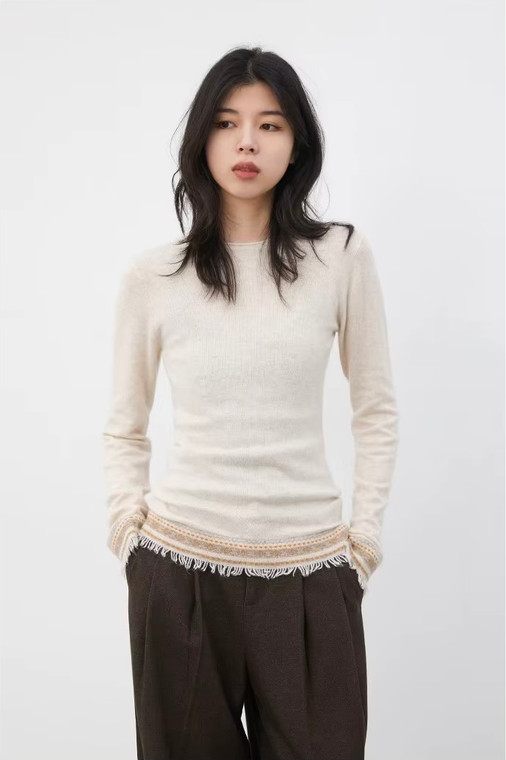 Women’s woman womens petite-, tall-, plus-, size Boho bohemian Casual Summer vacation holiday getaway woolen viscose blend Knitted Slim Vintage Long Sleeves O Neck Spliced Raw Edge tassels Female Pullovers Tees Spring Summer Autumn Fall crewneck sweater Top evening party bohemia tops in white with beige