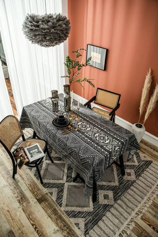 Home European country boho bohemian geometric triangle print blog cotton linen rectangular end table cloth covers Bohemia style tablecloth dining linens in brown
