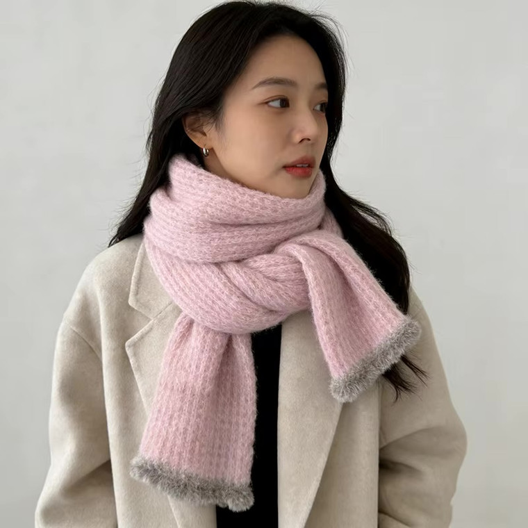 Women’s woman womens Men’s man mens Skin-friendly Unisex Genflex Gender Neutral Genderfluid petite-, tall-, plus-, size alternate aesthetic luxury Casual Fall Autumn Winter Spring cold weather winter accessory long tassel scarf Fashion Tassels Scarves accessories in pink with Gray grey color contrast tassels