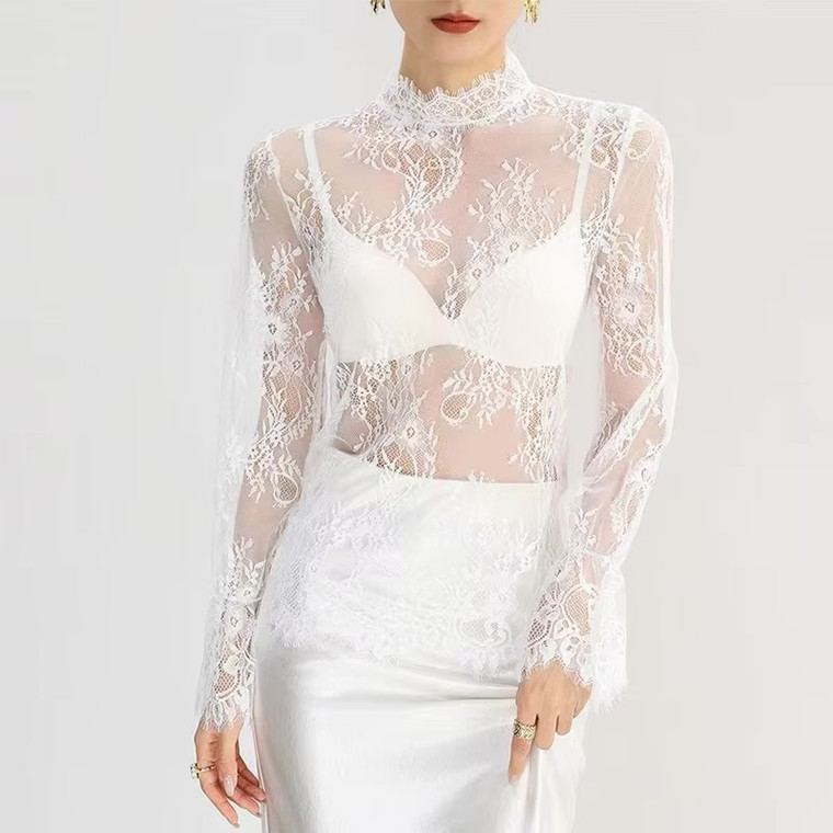 Women’s woman womens petite-, tall-, plus-, size Boho bohemian Casual Summer vacation holiday getaway loose Vintage Long Sleeves stand  O Neck Female Pullover blouse Spring Summer Autumn Fall crewneck Lace See-Through Top evening party bohemia tops in white