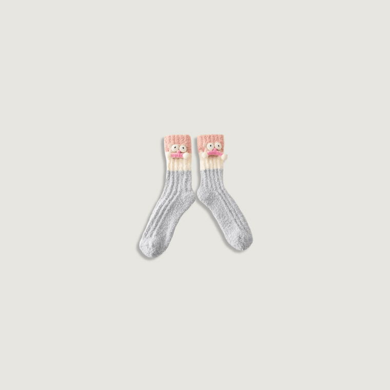 Women’s woman womens petite-, tall-, plus-, size Japanese anime kawaii cute funny animal cartoon face cosplay grunge y2k Casual Fall Autumn Winter knee-Length cotton Knitted Long middle tube ribbed leg warmer Sock Girls Retro Stacked Leg Cover leg warmers Socks in gray grey with pink white accent color
