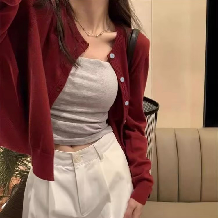 Women’s woman womens petite-, tall-, plus-, size Light Luxury High-quality Elegant Winter commute wfh office workwear evening party crewneck neck collar button close woolen-blend short cropped cardigan sweater cardigans in burgundy wine-red