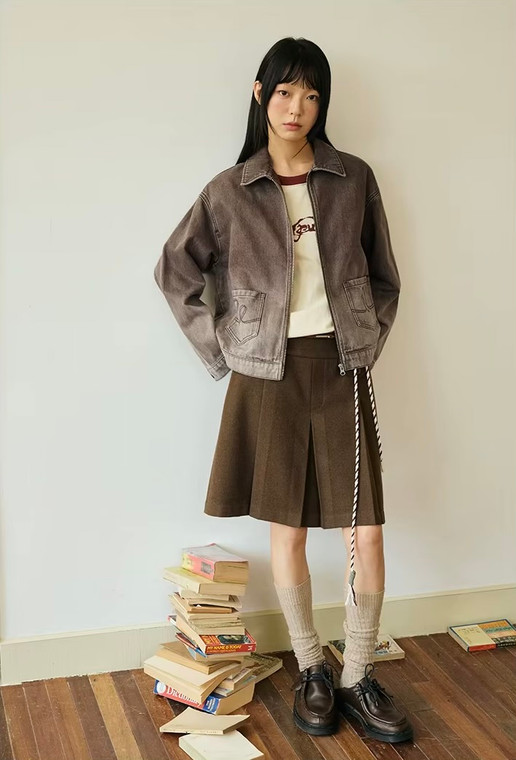 Women’s woman womens petite-, tall-, plus-, size Light Luxury High-quality Elegant Gradient Washed Winter commute wfh office workwear evening party turndown neck collar button close patch pockets denim barn jacket outwear Jackets Outerwear in brown
