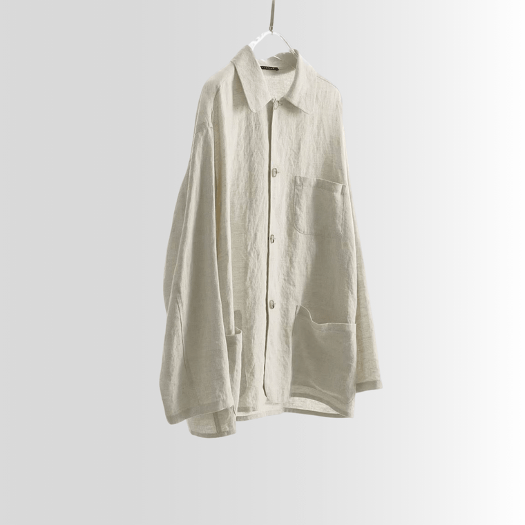 Women’s woman womens petite-, tall-, plus-, size Light Luxury High-quality Elegant Winter vacation holiday getaway beach evening party turn-down collar v-neck long sleeves with drop shoulder patch pockets button close rain dew raindrop hemp linen shirts Vaca shirts in light natural Flaxen khaki beige