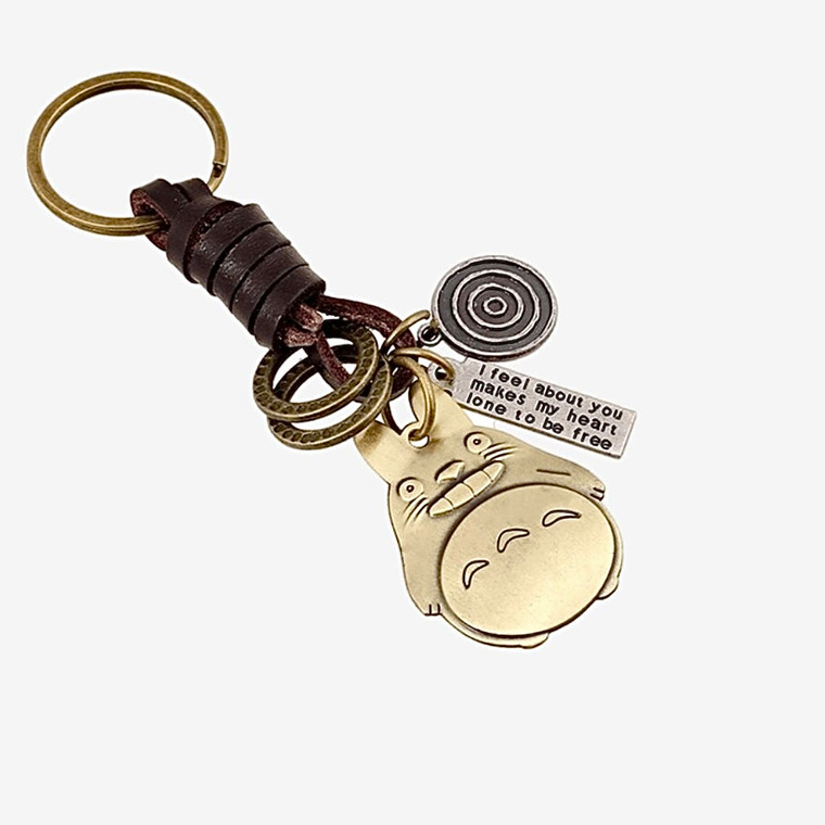 Vintage Woven Leather Bronze Alloy Japan Totoro Keychain Car Key Backpack Pendant Keyring Accessories Trendy Punk Key Chain Jewelry Friend Gift Japanese Key Chains Charm Trend