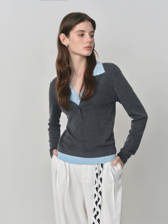 Women’s woman womens petite-, tall-, plus-, size Light Luxury High-Quality holiday vacation getaway American style patchwork v-neck turn-down collar long Sleeves with drop shoulders and band cuffs striped crewneck T-Shirt Pullover Style tops Tees Stripes T-shirts in Gray grey with light blue color