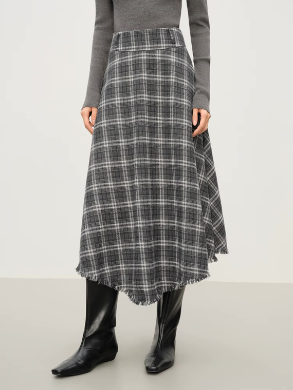 Women’s woman womens petite-, tall-, plus-, size Casual Summer holiday vacation getaway wfh office commute workwear indie style Fall Autumn Winter loose classic Vintage vintage style Female semi see-through high rise waist zip-up close empire waistline irregular trim hem checkered plaid checks pleats midi skirt Fashion skirts in dark Gray grey With multi