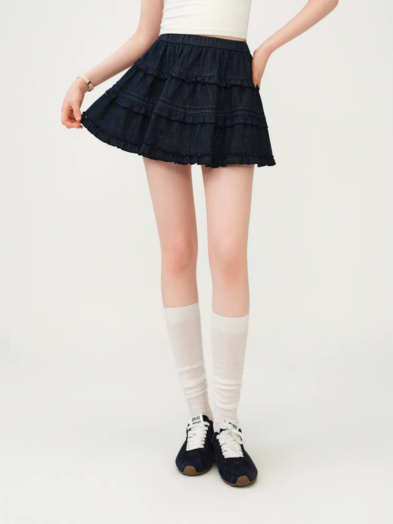 Women’s woman womens petite-, tall-, plus-, size Casual Summer holiday vacation getaway evening party wear indie style loose classic Vintage vintage style Female ruffle pleats high rise waist zip-up close empire waistline irregular trim hem patchwork pleated mini skirt Fashion skirts in dark blue