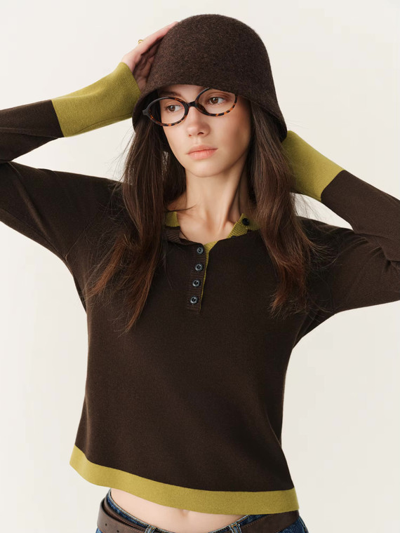Women’s woman womens petite-, tall-, plus-, size Light Luxury High-quality Elegant evening party club wfh office commute work wear Henley collar v- neck half-button close ribbed long sleeves contrast color Color‑Blocked sweater Fashion sweaters in coffee brown with yellow