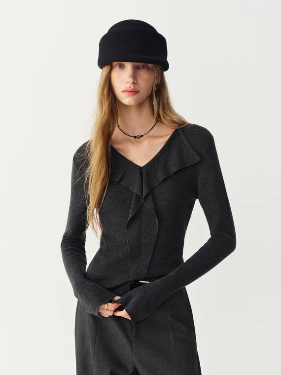 Women’s woman womens petite-, tall-, plus-, size Light Luxury High-quality Elegant evening party club wfh office commute work wear v-neck long sleeves with bell band cuffs ruffle pleats Sweater Fashion sweaters in dark Gray grey