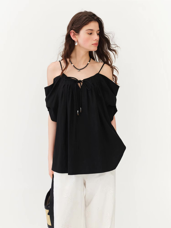 Women’s woman womens petite-, tall-, plus-, size Light Luxury High-quality Elegant evening party club wfh office commute work wear halter collar v-neck tie lace-up short puff sleeves pleats Off-Shoulder Top Fashion Blouses Tops in black