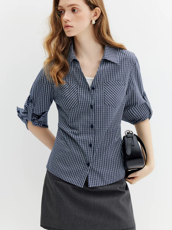 Women’s woman womens petite-, tall-, plus-, size Light Luxury High-quality Elegant evening party club wfh office commuter work wear turn-down collar long sleeves with elbow button-up tie-back making half-sleeve, patch pockets at chest, checkered plaid commute shirt Fashion shirts in navy blue