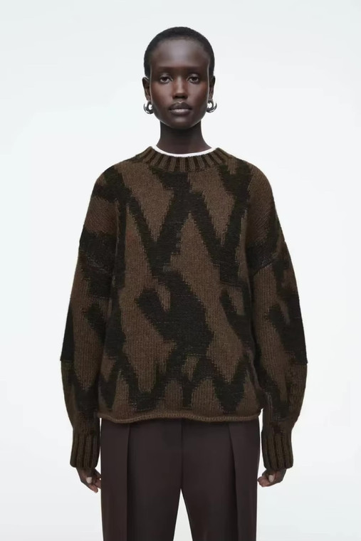 Women’s woman womens petite-, tall-, plus-, size Light Luxury High-quality Elegant evening party club wfh office commute work wear round o-neck graphic letter handwriting pattern long sleeves ribbed hem crewneck sweater Fashion ruffled workwear sweaters in coffee brown with black accent color