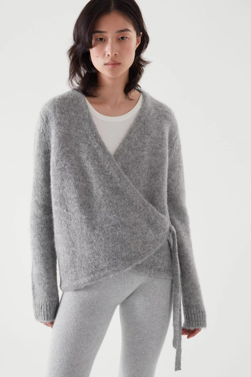 Women’s woman womens petite-, tall-, plus-, size Light Luxury High-quality Elegant evening party club wfh office commute work wear long sleeves belt open stitch close V-Neck wrap cardigan Fashion workwear sweater cardigans in light Gray grey