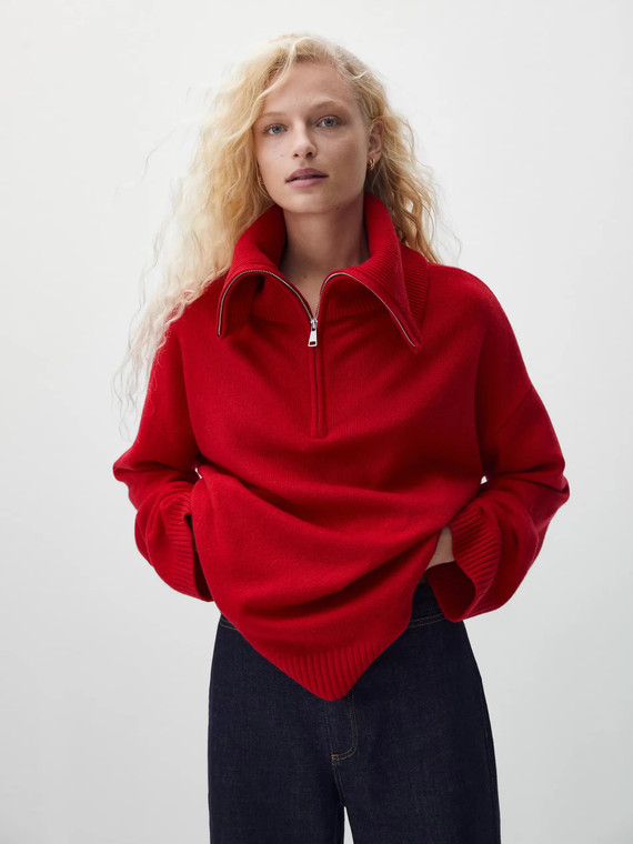Women’s woman womens petite-, tall-, plus-, size Light Luxury High-quality Elegant evening party club wfh office commute work wear turn-down collar zip-up half close long sleeves V-Neck Commute sweater Fashion workwear sweaters in red