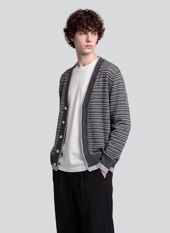 Men’s man mens petite-, tall-, plus-, size Fall Autumn Winter loose classic Vintage style stripes Long Sleeves v-neck collar striped button close Casual cardigan Fashion sweater Cardigans in gray with grey stripe