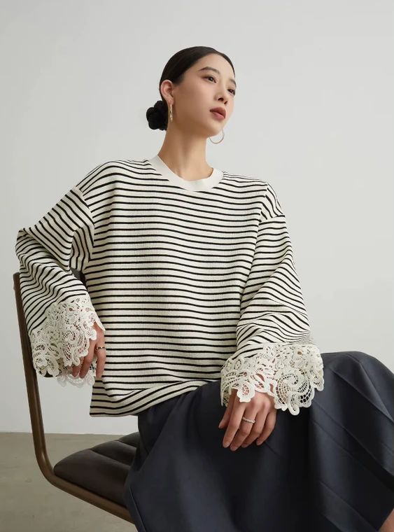 Women’s woman womens petite-, tall-, plus-, size Light Luxury High-quality Elegant holiday vacation getaway evening party club wfh office commute work wear crewneck round o-neck striped Commute loose hollow-out patchwork lace-knit sweater Fashion workwear sweaters in Ivory white with Gray grey colors stripes