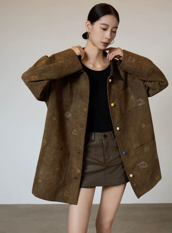 Women’s woman womens petite-, tall-, plus-, size Light Luxury High-quality Elegant holiday vacation getaway evening party club wfh office commute work wear turn-down collar Commute loose patchwork graphic embroidery long-sleeve casual utility Jacket Fashion workwear Coat Jackets in brown