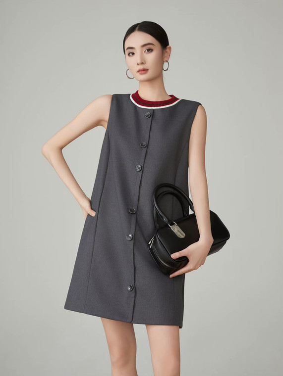Women’s woman womens petite-, tall-, plus-, size Light Luxury High-quality Elegant Pleats pleated evening party club wfh office commute work wear round o-neck Commute loose sleeveless crewneck Patchwork Mini Dress Fashion workwear mini dresses in dark Gray grey with multi red accent color