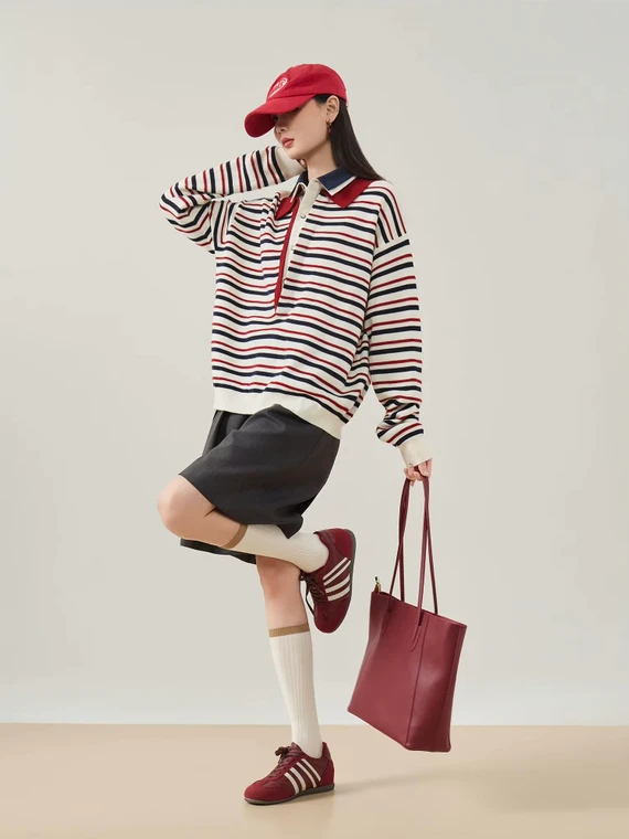 Women’s woman womens petite-, tall-, plus-, size Light Luxury High-quality Elegant colorblock cotton-blend holiday vacation getaway evening party club wfh commute office workwear two-piece turn-down half-button collar, loose striped knit long-sleeve Two-Piece Sweater Fashion sweaters tops in cream white with red black stripes