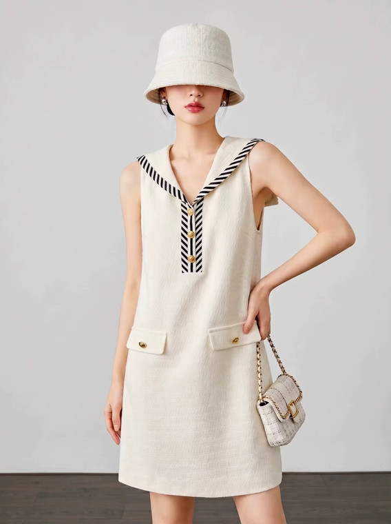 Women’s woman womens petite-, tall-, plus-, size Light Luxury High-quality Elegant cotton-blend holiday vacation getaway evening party club wfh office commute workwear work wear, loose knit sleeveless turn-down collar, v-neck, trim hem, French look vibe casual midi dress Fashion Dresses in white with black accent
