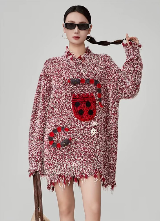 Women’s woman womens petite-, tall-, plus-, size Light Luxury High-quality Elegant cotton-blend Christmas holiday wfh commute office workwear round crewneck o-neck collar, loose embroidery knit long-sleeve embroidered tassel trim casual Sweater Fashion sweaters tops in red with multi color