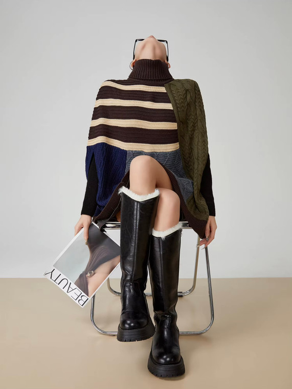 Women’s woman womens petite-, tall-, plus-, size Light Luxury High-quality Elegant cotton-blend wfh commute office workwear round Turtleneck mockneck crewneck o-neck collar, loose patchwork cape knit raglan sleeveless sleeve trim casual Sweater Fashion sweaters tops in dark olive army green with multi color