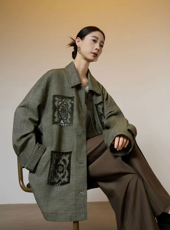 Women’s woman womens petite-, tall-, plus-, size Light Luxury High-quality Elegant cotton-blend evening party wear wfh commute office workwear round turn-down collar, loose hollow-out patchwork embroidery knit long sleeves with pleated pleats band cuffs, embroidered design, trim casual Utility Jacket Fashion coat Jackets in dark olive army green with black accent color