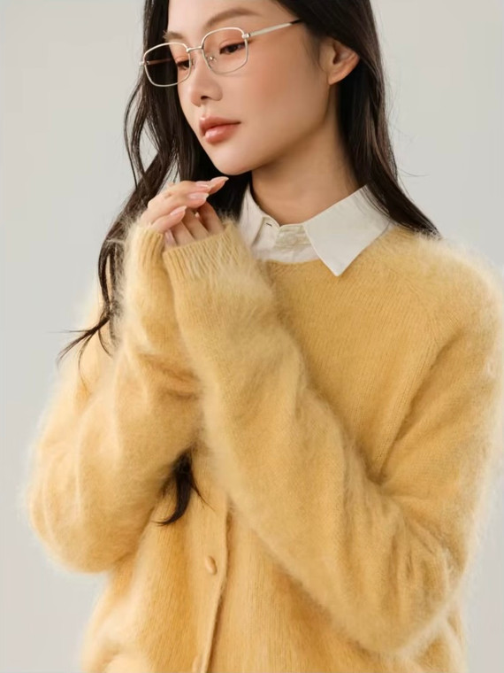 Women’s woman womens petite-, tall-, plus-, size Light Luxury High-quality Elegant holiday vacation getaway evening party club wfh commute office workwear crewneck collar, merino wool knit long-sleeve button-up close casual cardigan sweater Fashion Cardigans sweater tops in yellow
