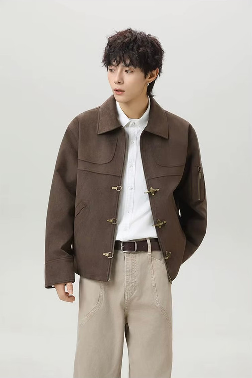 Men’s man mens petite-, tall-, plus-, size Light Luxury High-quality Elegant holiday vacation getaway evening party club wfh office commute work wear turn-down collar Commute loose patchwork long-sleeves single-breasted horn buckle close button-up casual Jacket Fashion workwear Coat Jackets in brown