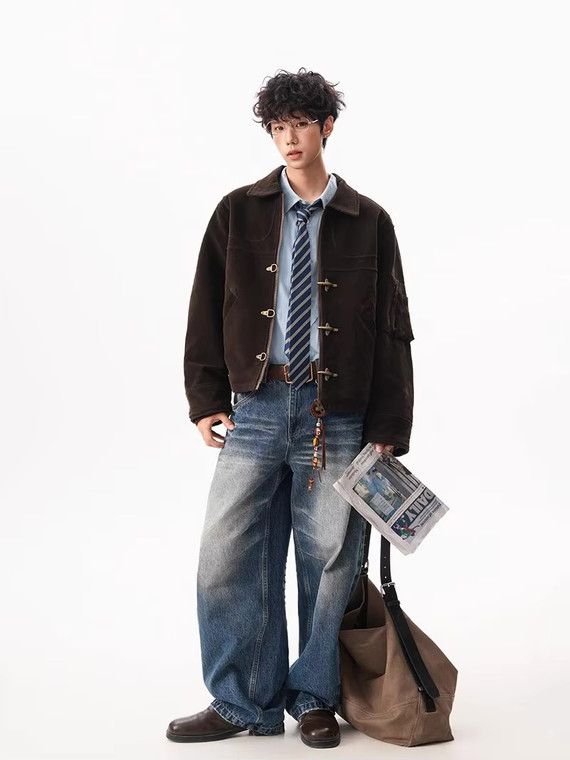 Men’s man mens petite-, tall-, plus-, size Light Luxury High-quality Elegant holiday vacation getaway evening party club wfh office commute work wear turn-down collar Commute loose patchwork long-sleeves single-breasted horn buckle clasp close button-up casual Jacket Fashion workwear Coat Jackets in dark chocolate brown