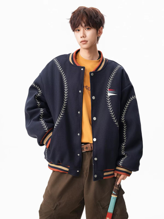 Men’s man mens petite-, tall-, plus-, size Light Luxury High-quality Elegant holiday vacation getaway evening party club sports wear stand collar loose Embroidered Wool Blend patchwork long-sleeves single-breasted snap button close button-up casual Baseball  varsity Jacket Fashion Coat Jackets in blue