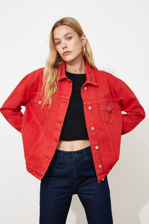 Pockets Denim Jacket Womens Red Jean Jackets for Woman trend