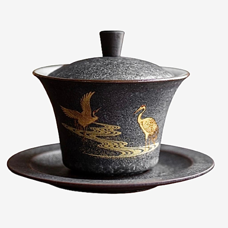 Ceramic Gaiwan Tea Cup Japan Handmade Black Gold Japanese Crane tureen chinese kung fu tea set drinkware Tureens Trend