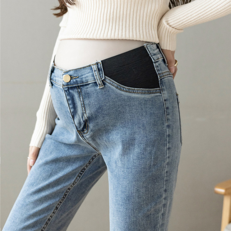 High Rise Straight Jeans Blue Denim Womens Maternity OL Elastic Waist belly Straight Pants Clothes for Pregnant Women Pregnancy Trend Woman Jean