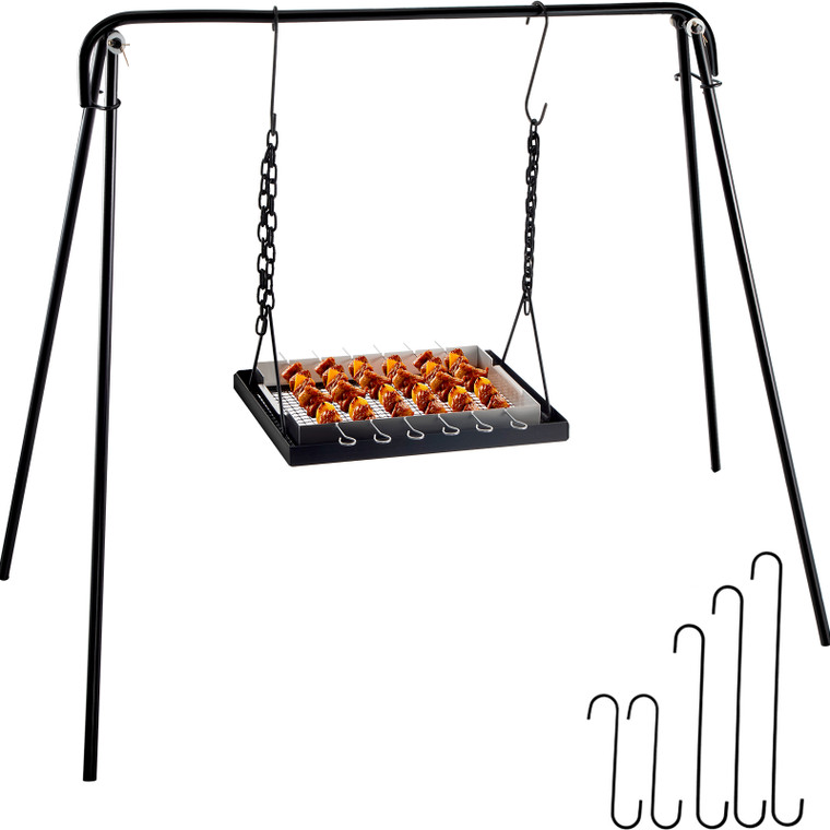 35" Campfire Swing Grill Set Stand Black Carbon Steel with Adjustable Legs Hooks Accessories for Cookware Dutch Oven Trend Outdoors BBQ Barbecue Cooking