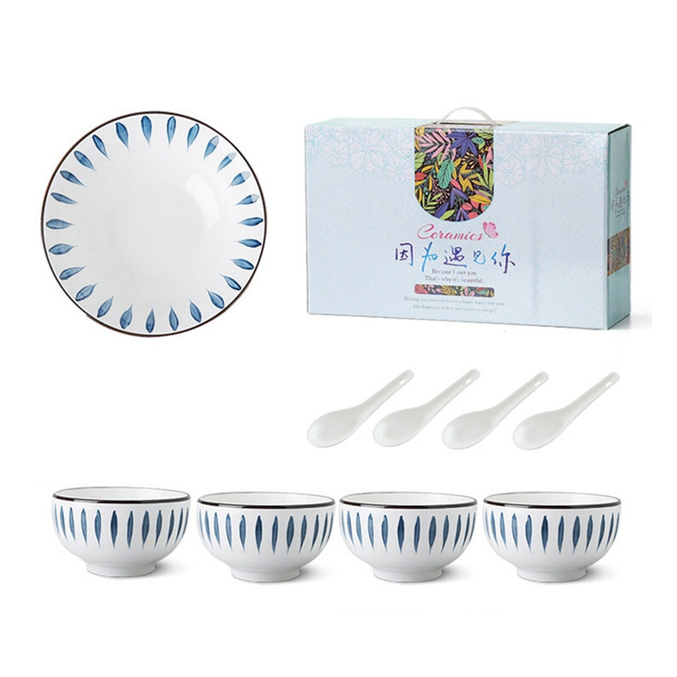 Japanese Dinner Set 9-Piece 9Pcs Tableware Sets Dinner Plate Round Ceramic Creative Pattern Plate Rice Bowls White Blue Porcelain Bowl Spoon Dessert Trend Japan Dinnerware