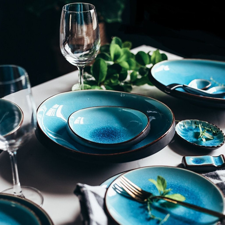 Crack Glaze Ceramic Dinnerware Japanese Ice Cracking Tableware Household Dishes Set Bowl Plate Dish Rice Bowls Steamed Fish Dishes Porcelain Blue Trendy Japan Dinner Plates Sets