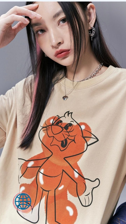 Short Sleeve Loose T-shirt Women Tees Original Design Funny Cat Print 100% Cotton Chic Casual Tops For Woman Trend in Khaki