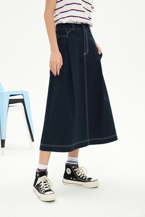 High Rise Classic Skirt Women's Japanese A Line High Waist Mid-Calf Solid Dark Blue Color Vintage Basic Trend Japan Skirts For Woman