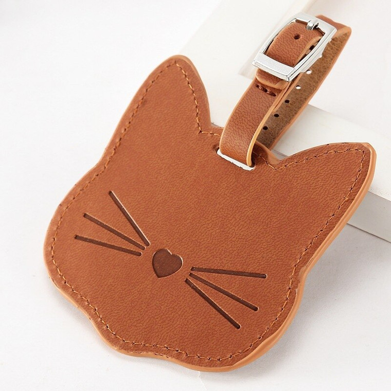 Vegan Leather Luggage Tag Japanese PU Anime Kawaii Suitcase Bag Tags Name Address ID Label Women Cute Cat Head Japan Business Vacation Getaway Holiday Travel Accessories Trend in Light Brown