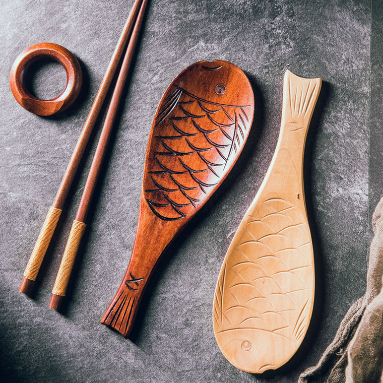 Wooden Rice Spoon Japanese Household Fish Shape Non Stick Rice Spoon Dark Light Brown Solid Wood Rice Spoon Creative Cute Trend Japan Kitchen Tools