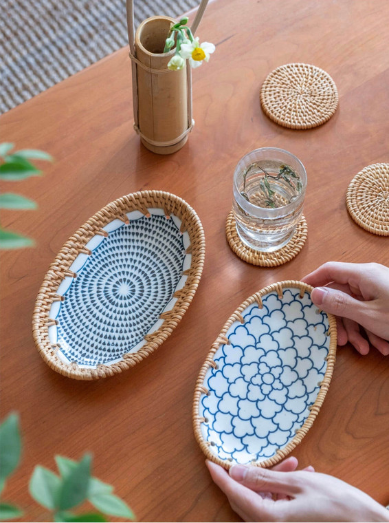 Vietnamese Rattan Ceramic Dish Oval Storage Plates Handmade Manual Blue Ceramics Combination Snack Dish Dry Fruit Vietnam Storage Plate Trays Dining Dishes Trendy in Raindrops Clouds pattern