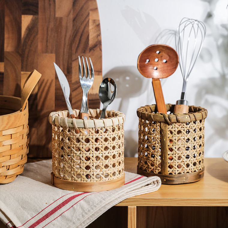 Rattan Storage Basket Creative Indonesian Weaving Kitchen Utensils Bucket Tools Knife and Fork Utensil Baskets Student Study Room Office Desktop Makeup Brush Pen Trend Indonesia Buckets Containers in Light Dark Brown